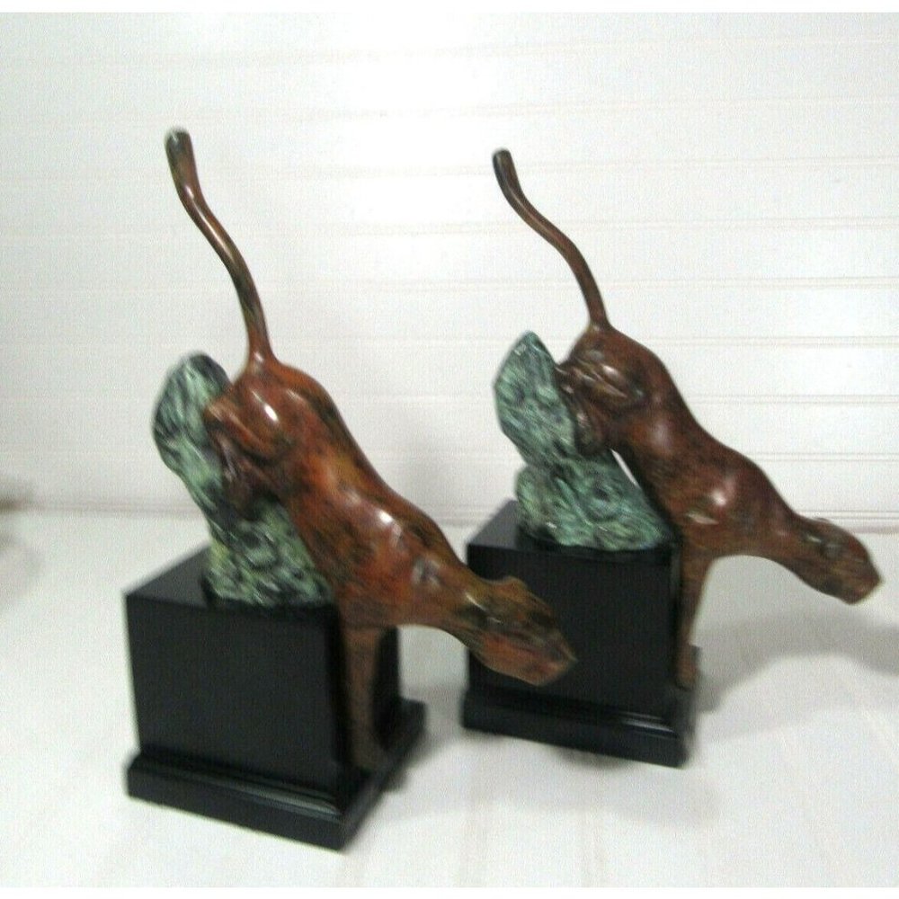 Vintage 12" MCM Art Deco Panther Jaguar Tiger Bronze Sculpture Bookends Statue - Picture 5 of 5